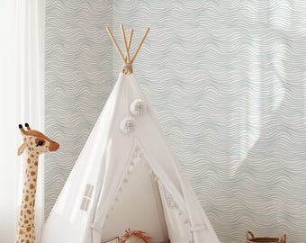 Coastal Blue Waves Wallpaper | Removable Self Adhesive Abstract Waves Wall Decor | Nursery Ocean Surf Theme Peel and Stick or Traditional