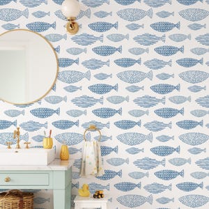 Boho Fish and Waves Peel and Stick-behang | Verwijderbaar zelfklevend surfthema-behang | Peel-and-Stick of voorgelijmd behang