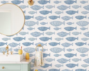 Boho Fish and Waves Peel and Stick Wallpaper | Removable Self Adhesive Surf Theme Wallpaper | Ocean Peel and Stick or Pre-Pasted Wallpaper