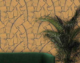 Orange Tropical Palm Leaf Wallpaper | Exotic Blue Leaves Print Wall Mural | Modern Peel and Stick and Traditional Wallpaper | Eco Friendly