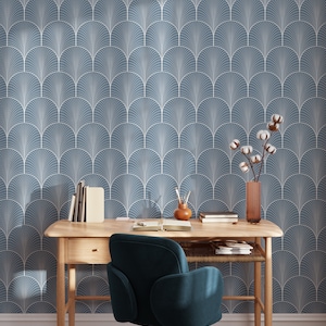 Hellblaue Vintage Tapete | Abnehmbare selbstklebende Art Deco Tapete | Geometrische Fächerform schalen und aufkleben oder vorkleben | Öko