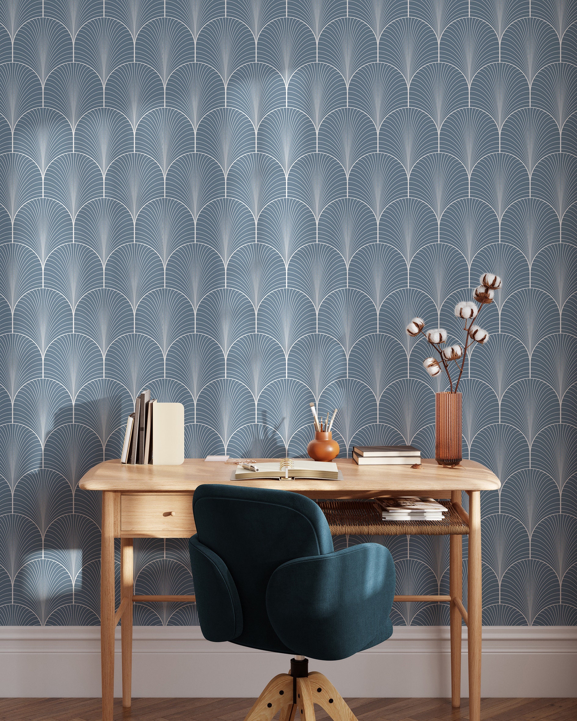 Light Blue Vintage Wallpaper | Removable Self Adhesive Art Deco Wallpaper | Geometrical Fan Shaped Peel and Stick or Pre-Pasted | Eco