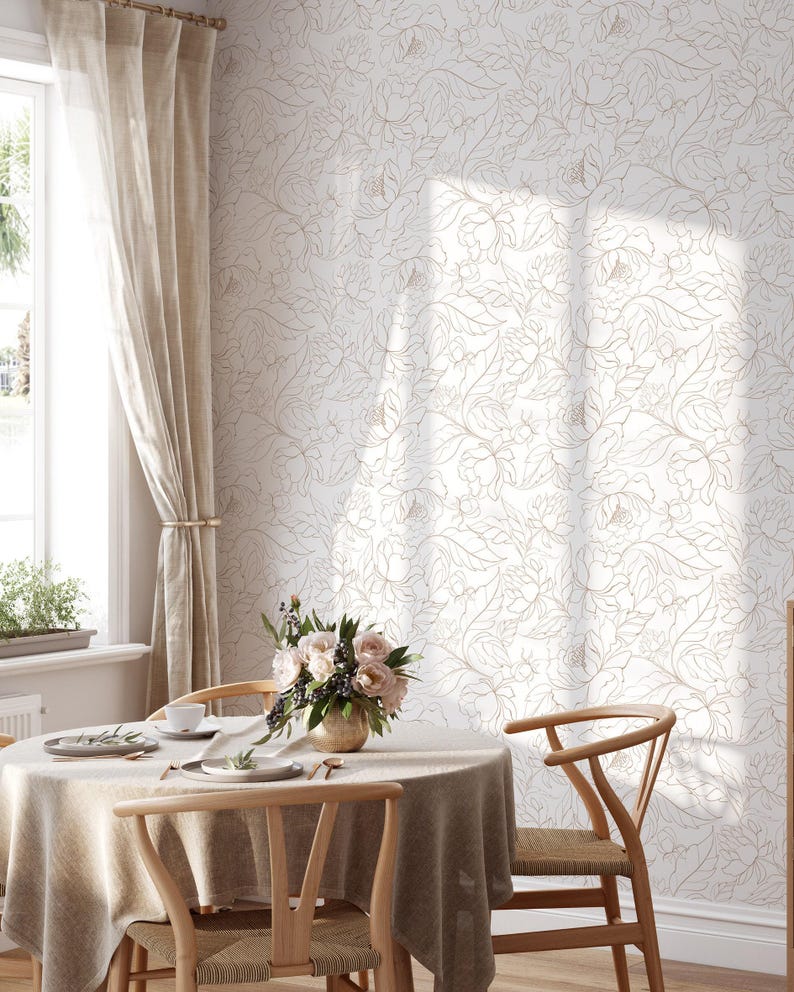 Boho pioenrozen behang | Verwijderbaar, zelfklevend minimalistisch behang | Peel-and-Stick of voorgelijmd behang met bloemen | Milieuvriendelijk afbeelding 3
