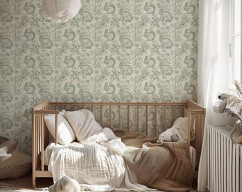 Woodland Nursery Wallpaper | Removable Self Adhesive Forest Animals Wall Covering | Bunny Peel and Stick or Traditional Kids Wall Decor
