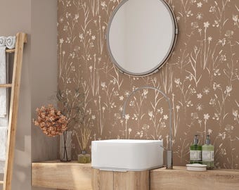 Boho Beige Floral Wallpaper | Nature Removable Self Adhesive Botanical Wallpaper | Neutral Floral Peel and Stick or Traditional Wallpaper