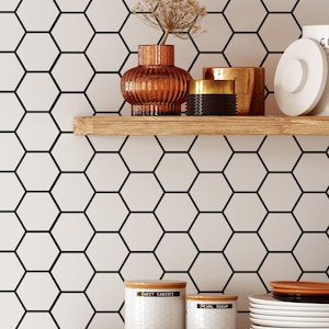 Hexagon Wallpaper | Removable Self Adhesive Black White Tile Wallpaper | Geometrical Peel and Stick or Pre-Pasted Wallpaper