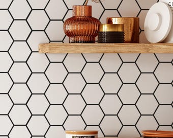 Hexagon Wallpaper | Removable Self Adhesive Black White Tile Wallpaper | Geometrical Peel and Stick or Pre-Pasted Wallpaper
