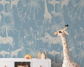 Blue Safari Animals Wallpaper | Removable Self Adhesive Jungle Animals Wallpaper | Peel and Stick or Pre-Pasted Wallpaper | Eco Friendly