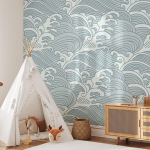Japanese Blue Waves Wallpaper | Removable Self Adhesive Ocean Waves Wallpaper | Peel and Stick, Pre-Pasted or Traditional Wall Home Decor