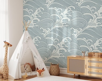 Japanese Blue Waves Wallpaper | Removable Self Adhesive Ocean Waves Wallpaper | Peel and Stick, Pre-Pasted or Traditional Wall Home Decor