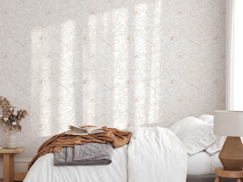 Boho pioenrozen behang | Verwijderbaar, zelfklevend minimalistisch behang | Peel-and-Stick of voorgelijmd behang met bloemen | Milieuvriendelijk afbeelding 6
