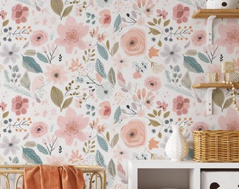 Cute Floral Wallpaper | Removable Self Adhesive Cartoon Style Wallpaper | Girls Nursery Blush Peel and Stick or Pre-Pasted Wallpaper | Eco