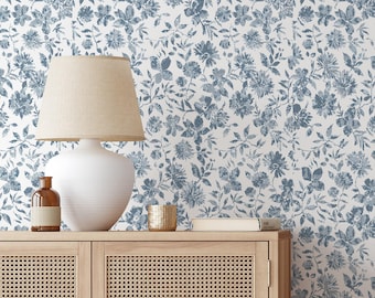Blue Flowers Wallpaper | Removable Self Adhesive Watercolor Wallpaper | Floral Peel and Stick or Pre-Pasted Wallpaper | Eco Friendly
