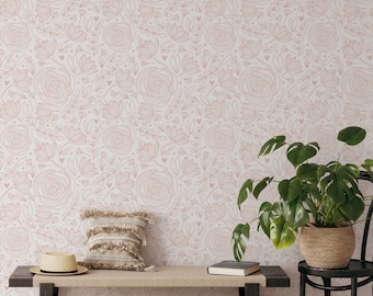 Behang Blush Rozen | Verwijderbaar zelfklevend botanisch behang | Peel-and-Stick of voorgelijmd behang met bloemen | Milieuvriendelijk