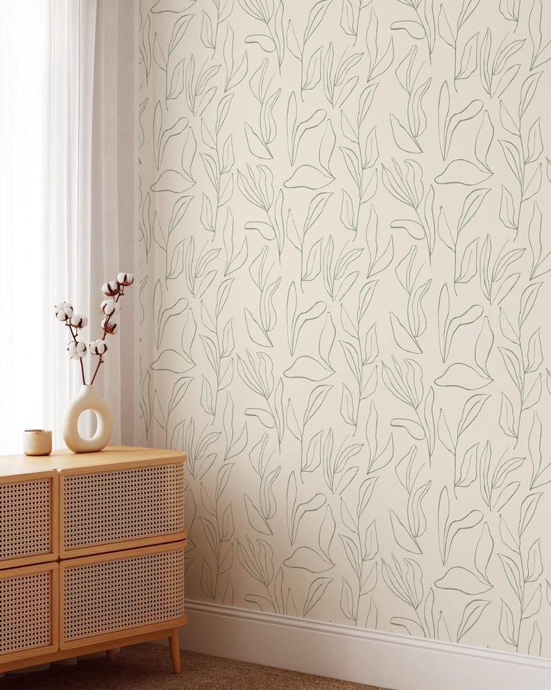 Green Leaves Floral Wallpaper | Removable Self Adhesive Minimalistic Wallpaper | Neutral Floral Peel and Stick or Pre-Pasted Wallpaper image 2