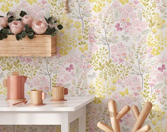 Lente vlinders behang | Verwijderbaar zelfklevend botanisch behang | Peel-and-Stick of voorgelijmd behang met bloemen | Milieuvriendelijk
