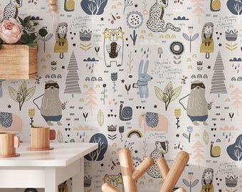 Creative Kids Animals Wallpaper, Removable Self Adhesive or Traditional Nursery Funny Wallpaper, Colorful Play Room Wall Décor, Eco Friendly