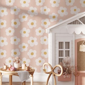 Daisy Floral Wallpaper | Removable Self Adhesive Boho Girls Room Wall Mural | Minimalistic Funny Kids Peel and Stick or Pre-Pasted Wallpaper
