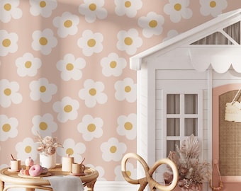 Daisy Floral Wallpaper | Removable Self Adhesive Boho Girls Room Wall Mural | Minimalistic Funny Kids Peel and Stick or Pre-Pasted Wallpaper