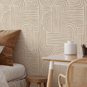 Carta da parati astratta minimalista / Carta da parati beige autoadesiva rimovibile Boho / Linee geometriche arrotondate staccabili e attaccabili o preincollabili