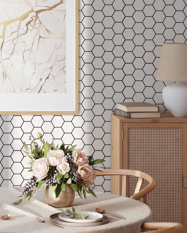 Hexagon Wallpaper Removable Self Adhesive Black White Tile Wallpaper Geometrical Peel and Stick or Pre-Pasted Wallpaper image 6