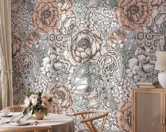 sanfte Vintage Tapete | Pfingstrosen Blumen Abnehmbare selbstklebende botanische Tapete | Florales Schälen und Aufkleben oder vorgeklebte Tapete