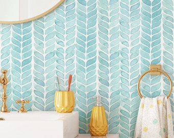 Watercolor Herringbone Wallpaper, Removable Self Adhesive Abstract Surf Wall Decor, Nursery Ocean Striped Modern Peel and Stick, Traditional