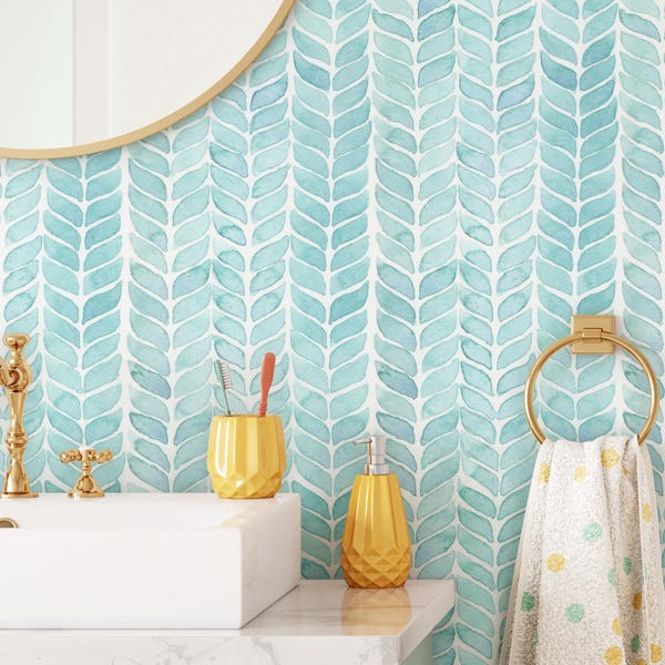 Watercolor Herringbone Wallpaper, Removable Self Adhesive Abstract Surf Wall Decor, Nursery Ocean Striped Modern Peel and Stick, Traditional