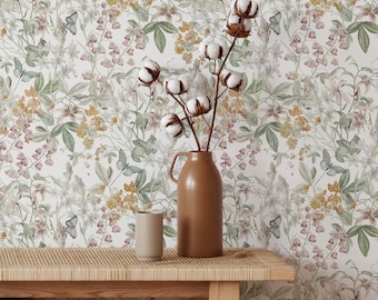 English Garden Wallpaper | Removable Self Adhesive Botanical Wallpaper | Neutral Floral Peel and Stick or Pre-Pasted Wallpaper, Eco Friendly