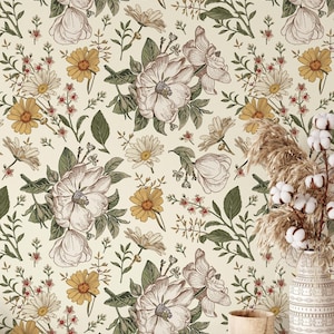Victorian Retro Floral Wallpaper | Removable Self Adhesive Vintage Botanical Wallpaper | Rosehip and Chamomile Peel and Stick or Pre-Pasted