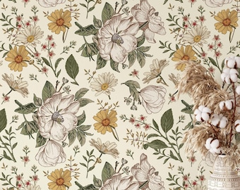 Victorian Retro Floral Wallpaper | Removable Self Adhesive Vintage Botanical Wallpaper | Rosehip and Chamomile Peel and Stick or Pre-Pasted