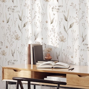 Boho Nature Floral Wallpaper | Removable Self Adhesive Botanical Wallpaper | Neutral Floral Peel and Stick or Traditional Wallpaper