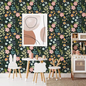 Girls Funny Flowers Wallpaper | Removable Self Adhesive Dark Floral Wallpaper | Pink Modern Peel and Stick or Pre-Pasted Wallpaper | Eco