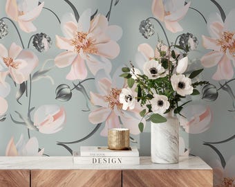 Spring Peony Wallpaper | Removable Self Adhesive Boho Girls Room Wall Mural | Minimalistic Funny Kids Peel and Stick or Pre-Pasted Wallpaper