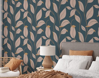 Luxury Elegant Leaves Wallpaper | Minimalistic Linear Style Removable Self Adhesive Wallpaper | Floral Peel and Stick or PrePasted Wallpaper