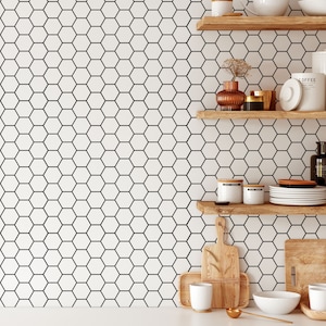 Hexagon Wallpaper Removable Self Adhesive Black White Tile Wallpaper Geometrical Peel and Stick or Pre-Pasted Wallpaper image 8