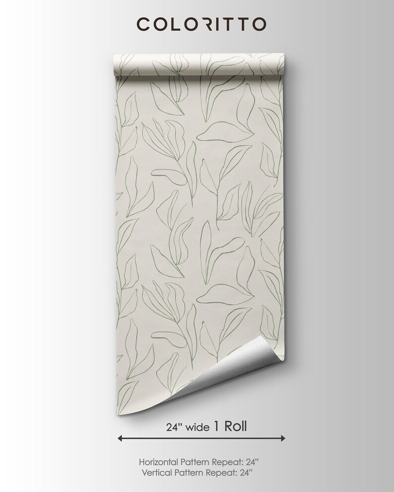 Green Leaves Floral Wallpaper | Removable Self Adhesive Minimalistic Wallpaper | Neutral Floral Peel and Stick or Pre-Pasted Wallpaper image 6