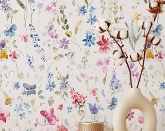 Beautiful Garden Wallpaper | Removable Self Adhesive Watercolor Wallpaper | Floral Peel and Stick or Pre-Pasted Wallpaper