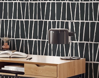 Black n' White Contemporary Wallpaper | Removable Self Adhesive Abstract Lines Wallpaper | Geometrical Elegant Peel and Stick Wallpaper