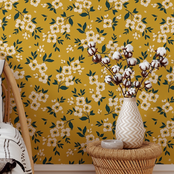 Spring Motifs Wallpaper | Removable Self Adhesive Botanical Wallpaper | Mustard Floral Peel n' Stick or Pre-Pasted Wallpaper | Eco Friendly