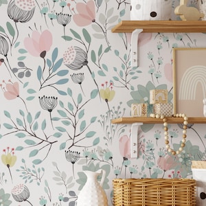 Pastel Floral Wallpaper | Removable Self Adhesive Botanical Wallpaper | Floral Peel and Stick or Pre-Pasted Wallpaper