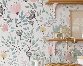 Pastel Floral Wallpaper | Removable Self Adhesive Botanical Wallpaper | Floral Peel and Stick or Pre-Pasted Wallpaper