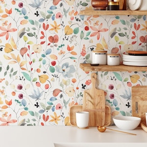 Rustic Botanical Wallpaper | Watercolor Removable Self Adhesive Garden Wallpaper | Floral Peel n Stick or PrePasted Wallpaper | Eco Friendly