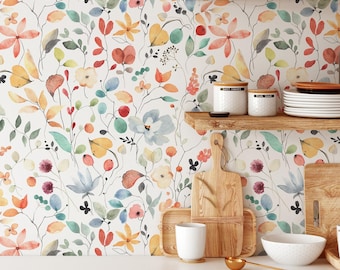 Rustic Botanical Wallpaper | Watercolor Removable Self Adhesive Garden Wallpaper | Floral Peel n Stick or PrePasted Wallpaper | Eco Friendly