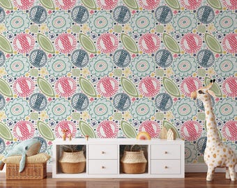 Bright Summer Wallpaper | Removable Self Adhesive Botanical Wallpaper | Floral Rural Style Garden Peel and Stick or Traditional Wallpaper