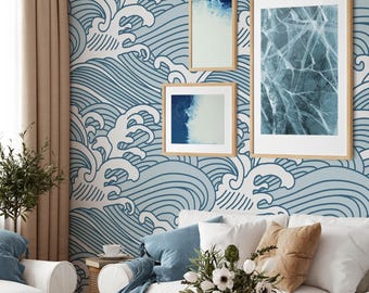 Blue Waves Wallpaper | Removable Self Adhesive Waves Wallpaper | Peel and Stick or Pre-Pasted Wallpaper