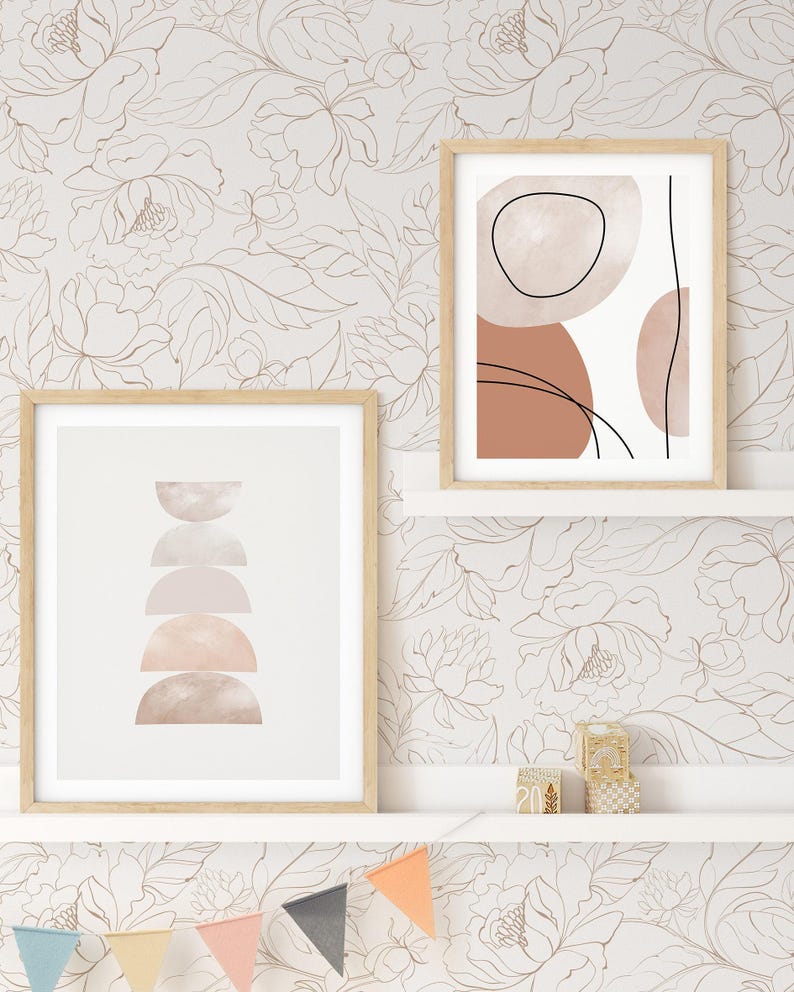 Boho pioenrozen behang | Verwijderbaar, zelfklevend minimalistisch behang | Peel-and-Stick of voorgelijmd behang met bloemen | Milieuvriendelijk afbeelding 2