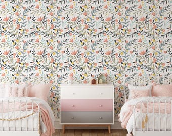 Cute Spring Wallpaper | Removable Self Adhesive Botanical Wallpaper | Floral Peel and Stick or Pre-Pasted Wallpaper | Eco Friendly