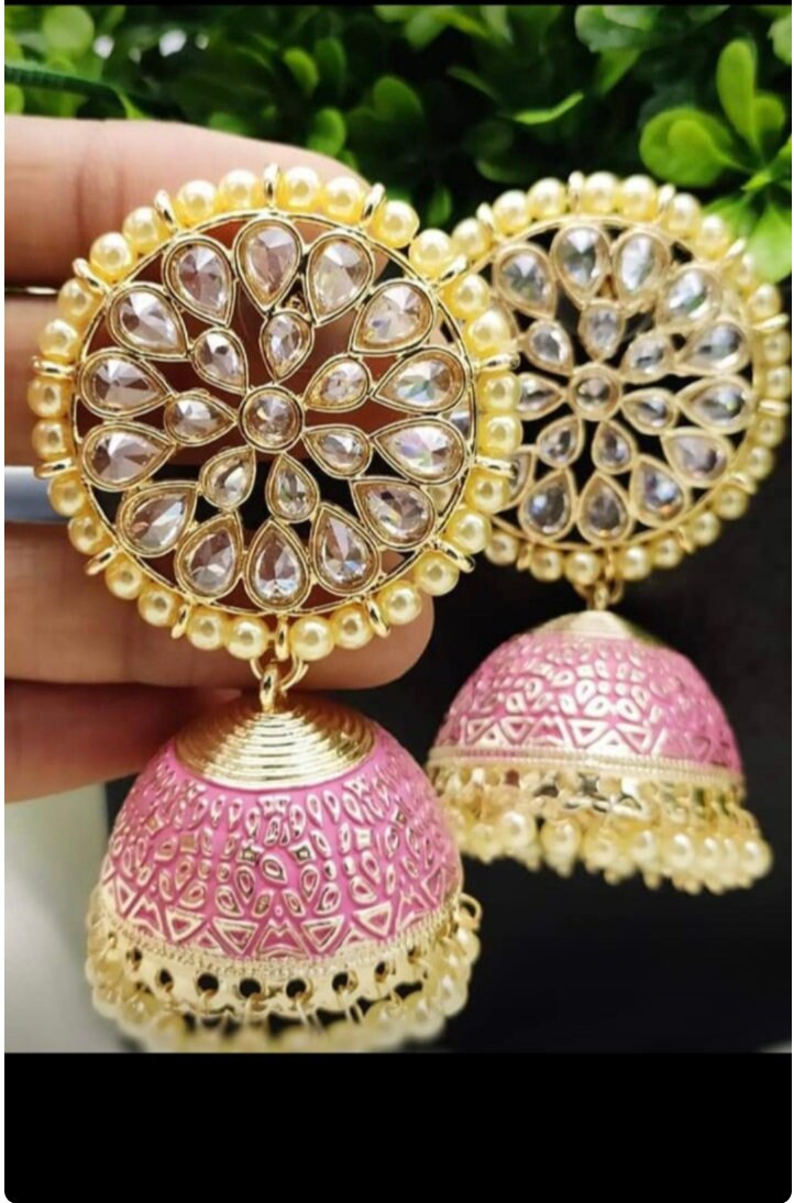 Pink Jhumka Earrings with Pearls Etsy
