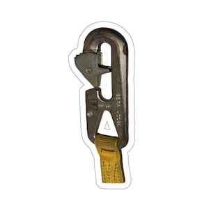 May include: A metal carabiner with a spring-loaded gate and a yellow strap. The carabiner is silver and has a triangular marking. The yellow strap is attached to the bottom of the carabiner.